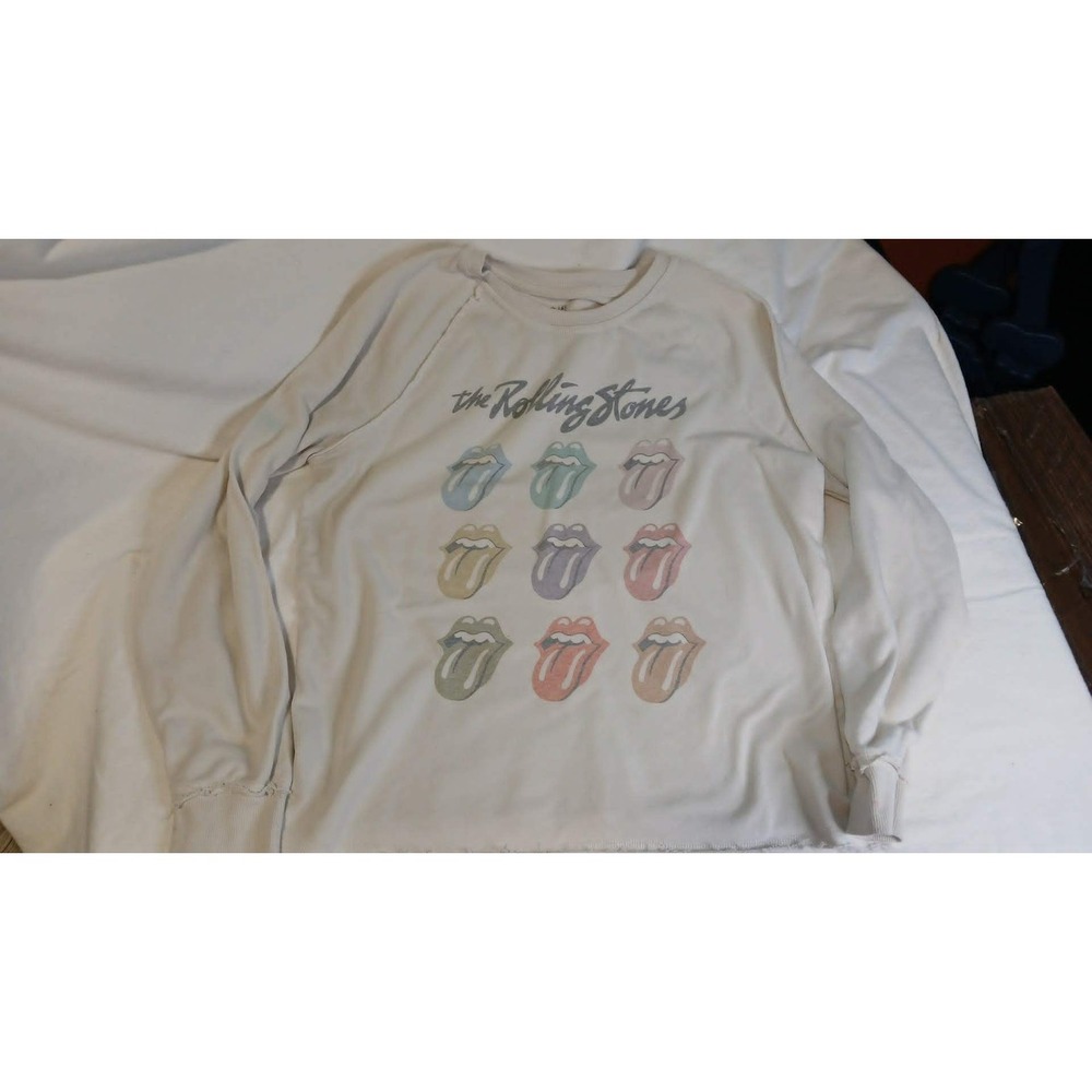 Life Clothing Co Rolling Stones Distressed Graphic Sweatshirt Cream Small